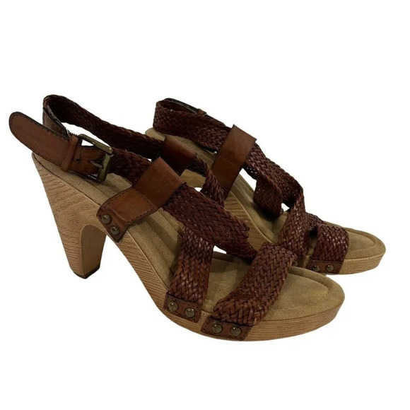 Bass Cushioned Sole Criss Cross Braided Strap Wooden Heels Size 9.5 Style Sadie - Picture 1 of 12